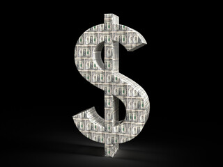 Dollar sign made of hundred dollar bills standing on black background