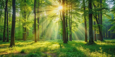 Fototapeta premium Sunny forest scene with vibrant greenery, showcasing natural beauty, summer, forest, sunny, vibrant, greenery, trees