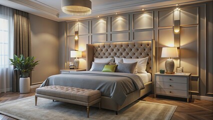 Stylish guest bedroom with upholstered headboard, luxury linens, and ambient lighting, luxurious, elegant