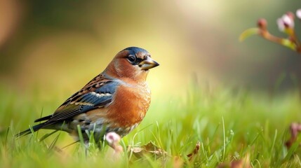 Fototapeta premium A chaffinch bird Fringilla coelebs perches on wild grass