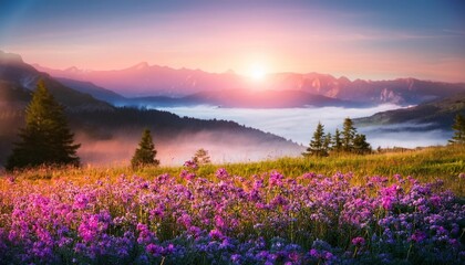 Fototapeta premium Beautiful field of wild flowers. Fog. lake, serenity