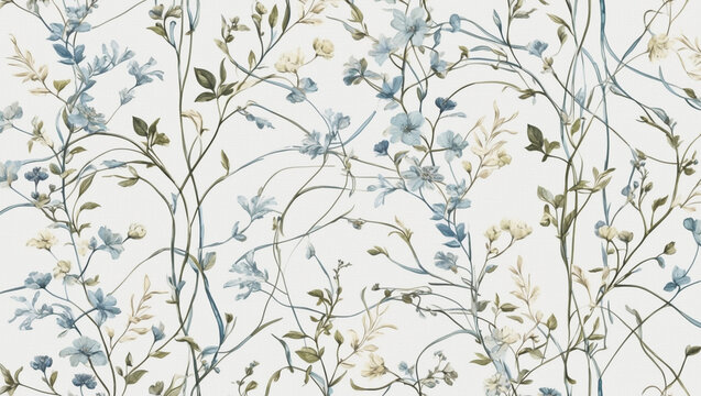 Fototapeta Seamless Abstract Watercolor Floral Pattern With Blue and Green Flowers 