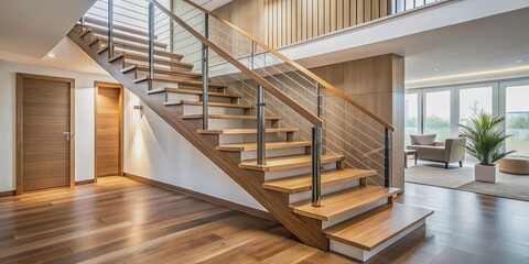 Stairs with a wooden railing in a modern interior , staircase, steps, handrail, railing, architecture, design, wooden