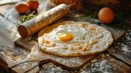 Fototapeta premium Traditional Ajarian khachapuri preparation with Suluguni cheese and egg yolk on a wooden table with a rolling pin