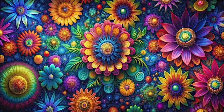 Abstract composition of psychedelic flowers against a dark background, ideal for artistic projects, psychedelic