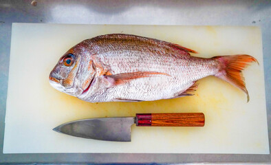 Sea bream,
 filleted, filleting, cooking, chopping board