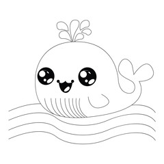 Cartoon Baby Whale Line Art For Kids Coloring Page.