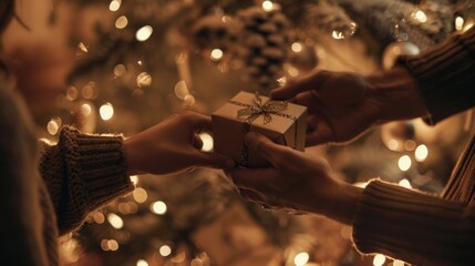 Romantic couple exchanging christmas gift in front of decorated tree with fairy lights at home