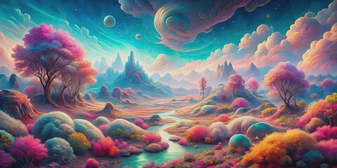 Obraz premium Surreal journey through mental landscape with nature and psychedelia in pastel colors