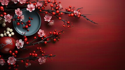 top view of chinese new year background with flower oranament and red background