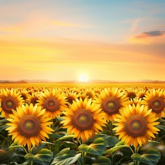A vibrant sunflower field at sunset, showcasing the beauty of nature with bright yellow blooms under a stunning sky.