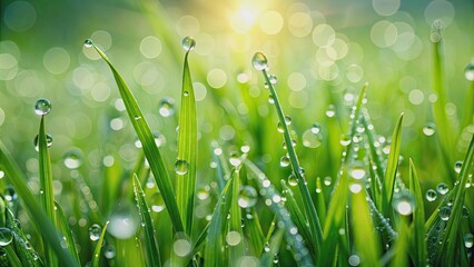 Fototapeta premium Close up of fresh green grass with water drops in the morning , grass, green, water drops, field, nature, background, dew