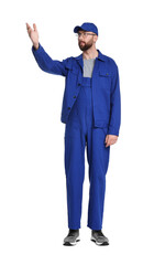 Professional auto mechanic showing something on white background