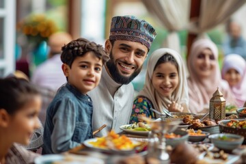 Muslim family enjoying meal together.