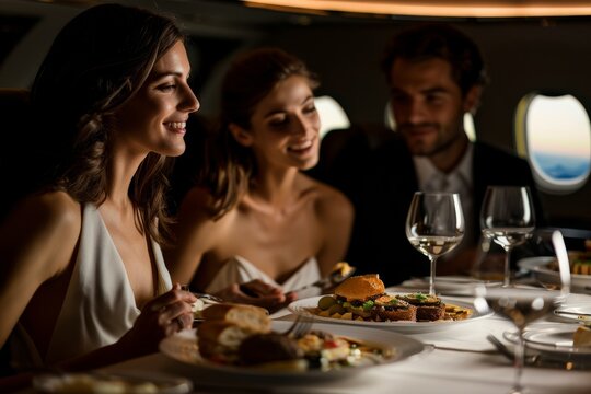 Elegant group dining on a private jet.