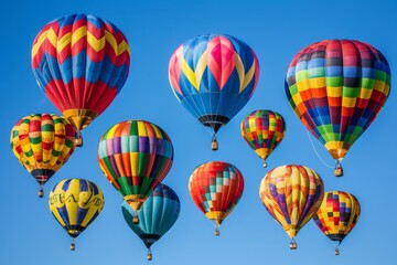 Colorful hot air balloons flying in a clear blue sky.