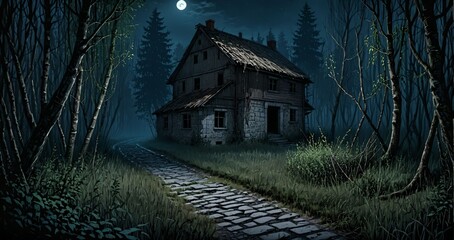abandoned haunted house in the woods during a dark night under a full moon. scary horror forest building landscape surrounded by trees on a stone path.