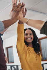 Business people, group and hands with high five in office for partnership agreement, team building...