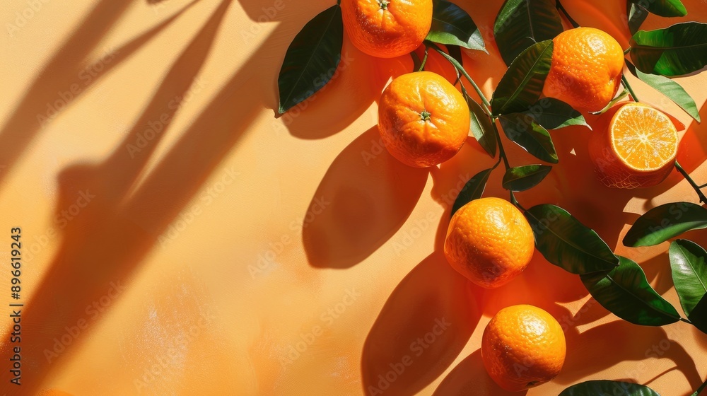 Poster mandarins on orange background with leaves and shadows blank space for text elegant border