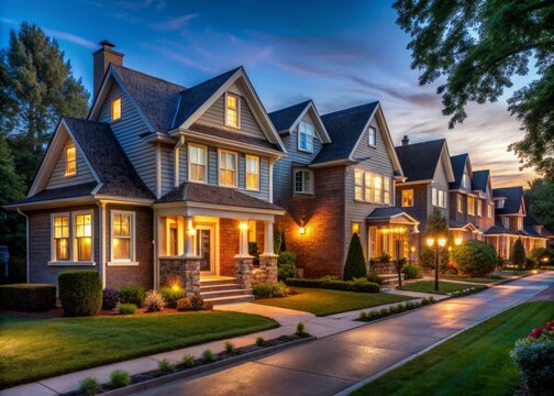 Warmly lit classic family homes line a quiet suburban street at night, their illuminated windows casting a cozy glow on the surrounding neighborhood.
