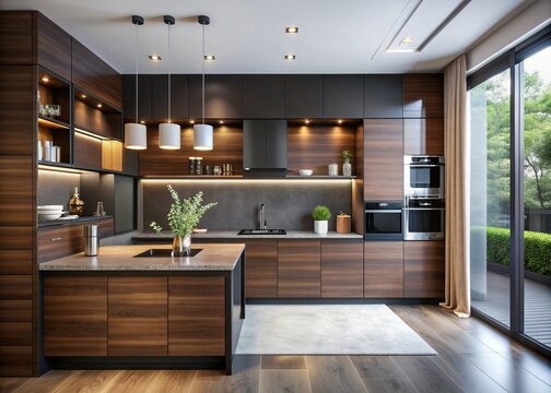 _HERE IS THE DESCRIPTION:_ .Modern kitchen interior features sleek black and dark wood tone built-in cabinets, polished countertops, and stylish color scheme, illuminated by soft daylight.