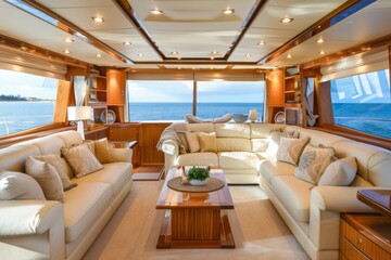Naklejka premium Luxurious Living Room on a Yacht with Ocean View.