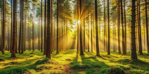 A beautiful landscape with soft golden light filtering through a forest of tall trees, nature, woodland, tranquil
