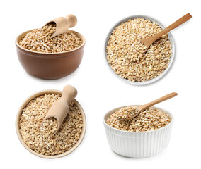 Pearl barley groats in bowls on white background, top and side views