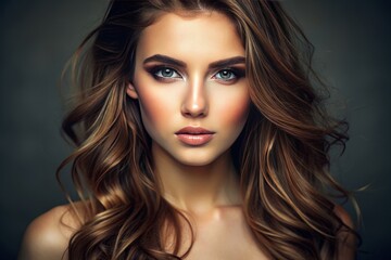 Fototapeta premium Photograph of an attractive young lady with brown hair Lovely model with flawless skin Emphasis on beauty well being and skincare