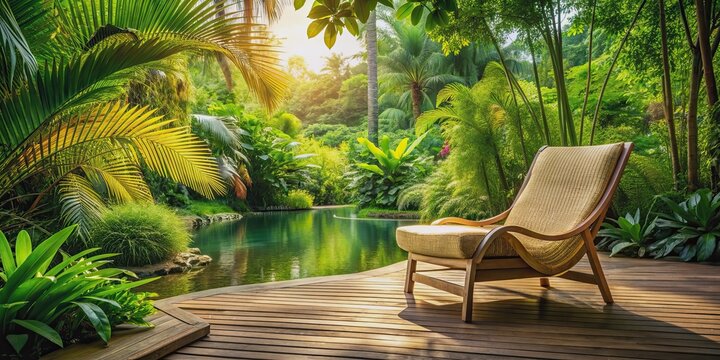 A relaxing chair surrounded by lush greenery in a tranquil oasis, Relaxation, Chair, Lounge, Nature, Peaceful, Oasis, Serenity