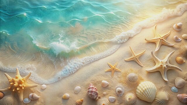 Soft, pastel maritime background with seashells, starfish, and waves , ocean, sea, beach, water, shells