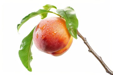 Mystic photo of Freestone Peach on the vine, isolated on white background