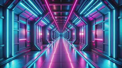 Futuristic passageway with neon shining in pink and light blue, futuristic, neon, passageway, pink, light blue, glowing