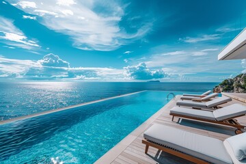 Fototapeta premium Infinity pool with ocean view and loungers.