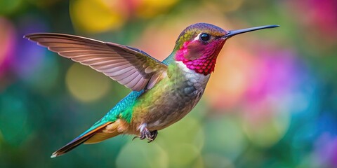 Fototapeta premium A close-up shot of a vibrant hummingbird in mid-air, nature, wildlife, bird, small, colorful, feathers, fast, wings, beak