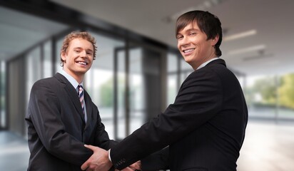 Happy businessman with partner, making deal at team