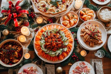 Festive Dinner Table Setting with Food and Candles.