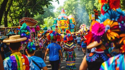 Traditional colorful costumes fill the streets during mexico's day of the dead parade as people walk by