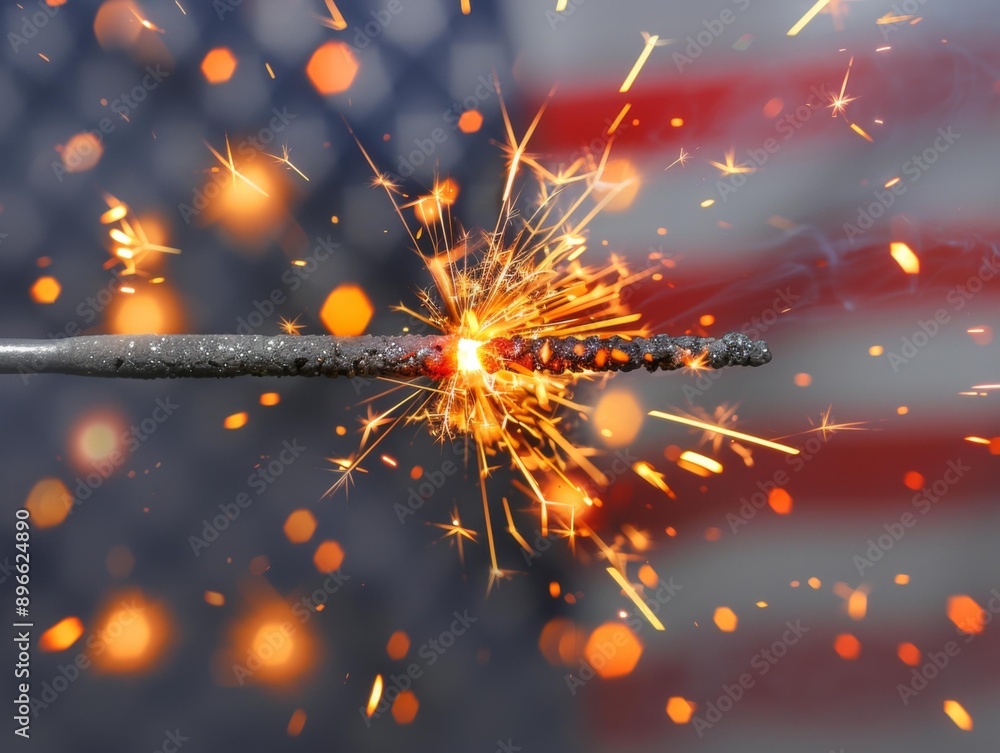 Poster a sparkler with a flag in the background and sparks. ai.