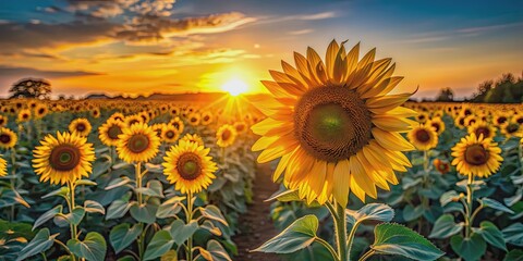 Fototapeta premium Close-up of sunflower field at sunset with flowers facing the sun, casting long shadows, sunflowers, field, sunset, sun rays