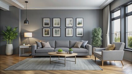 Fototapeta premium Grey living room with modern posters on the walls , grey, living room, posters, modern, decoration, interior design