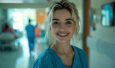 Fototapeta premium Portrait of a smiling young female nurse wearing blue scrubs in a hospital setting. AI.