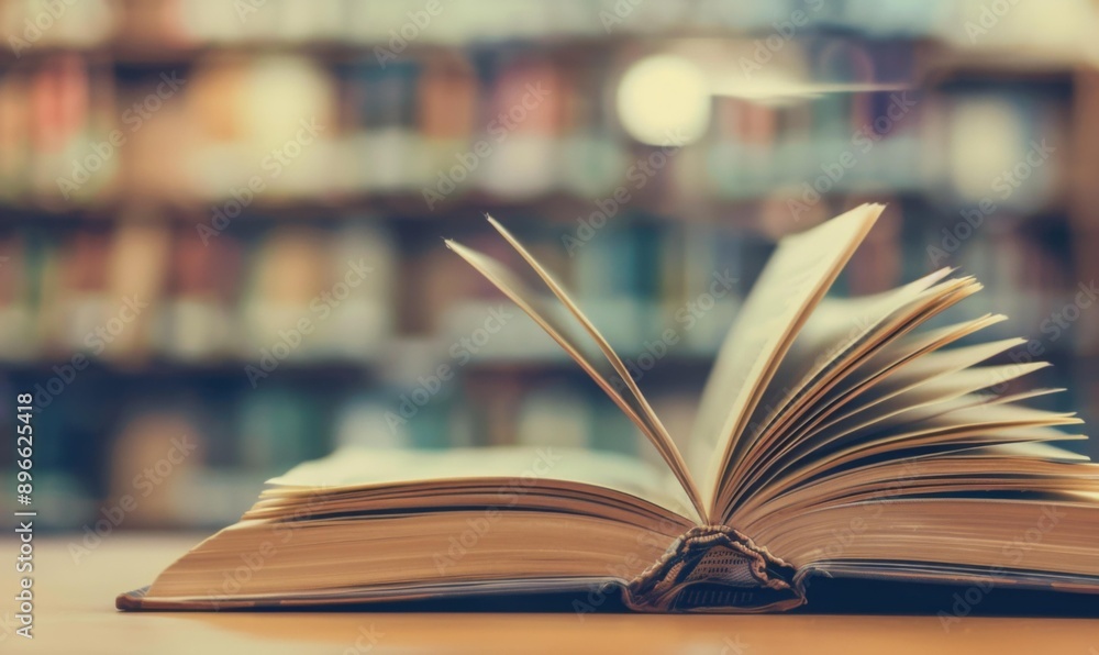 Poster close-up of an open book on a wooden table in a library with blurred bookshelves in the background. 