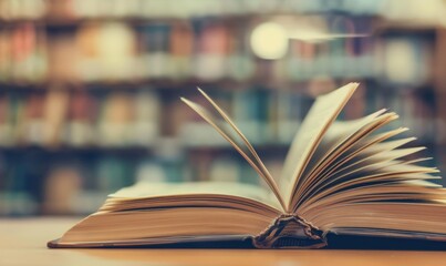Close-up of an open book on a wooden table in a library with blurred bookshelves in the background. AI.