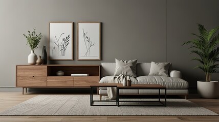 Aesthetic bright sunny elegant home living room interior design with comfortable lounge chair, hat, side table, flowers bouquet, shelf with decorations. interior design