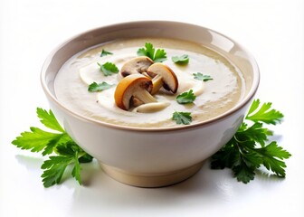 Creamy mushroom puree soup served in a pristine white bowl, garnished with a sprinkle of fresh parsley, against a clean and minimalist white background.