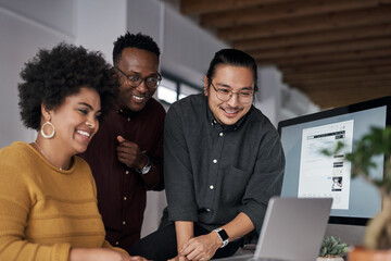 Smile, team and business people with computer in office for communication, info and reading email....