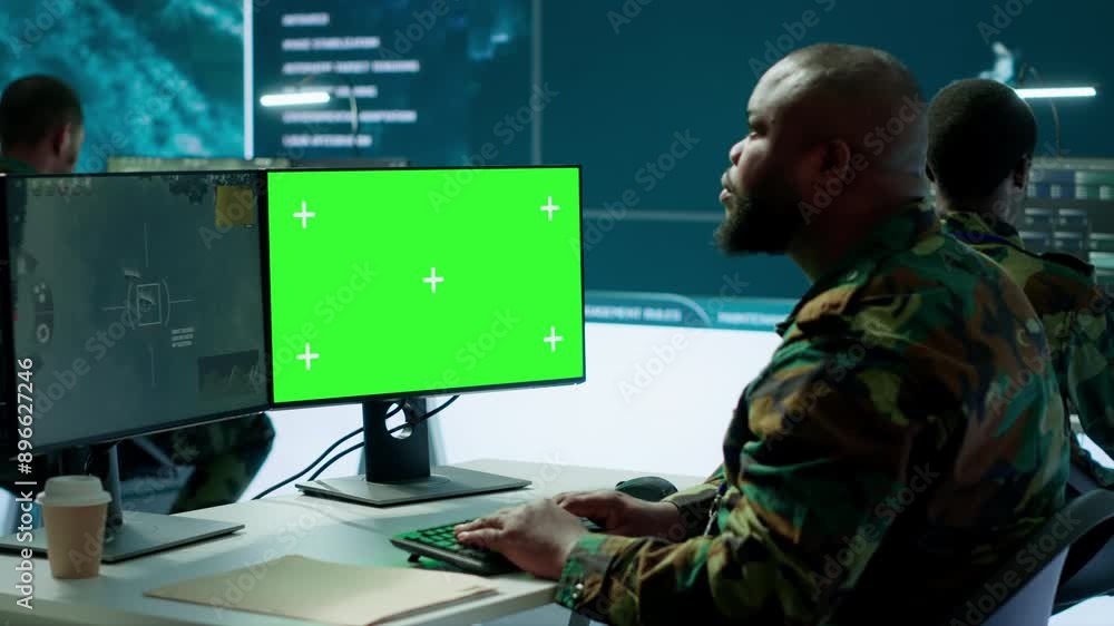 Poster military specialist monitors satellite data next to green screen display, working at command post wi