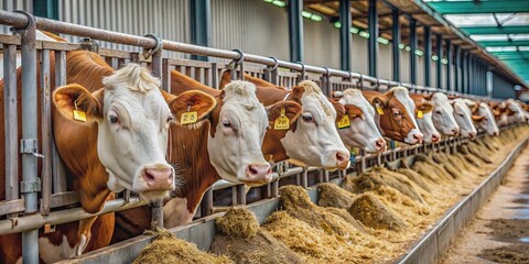 Simmental cattle being fed on a beautiful dairy farm, Simmental, cattle, cows, farm, feeding, hay,...