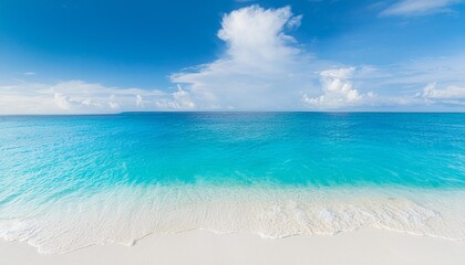 Fototapeta premium Beautiful tropical summer beach, top view of white sand and blue sea waves, nature background, vacation in paradise concept for tourism, vivid colorful.